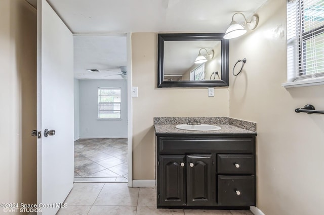 bathroom with vanity, ceiling fan, and tile patterned floors