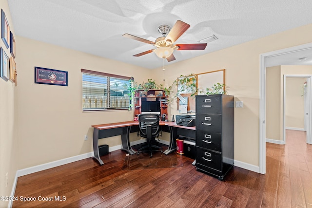 office area featuring dark hardwood / wood-style flooring, a textured ceiling, and ceiling fan