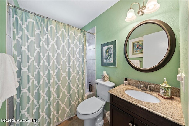 full bath featuring toilet, a textured wall, vanity, and shower / bath combo with shower curtain