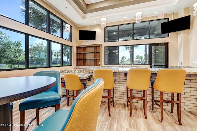 bar with a towering ceiling, a tray ceiling, and wood finished floors