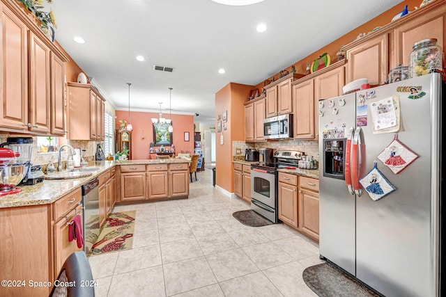 kitchen featuring crown molding, kitchen peninsula, hanging light fixtures, appliances with stainless steel finishes, and light tile patterned floors