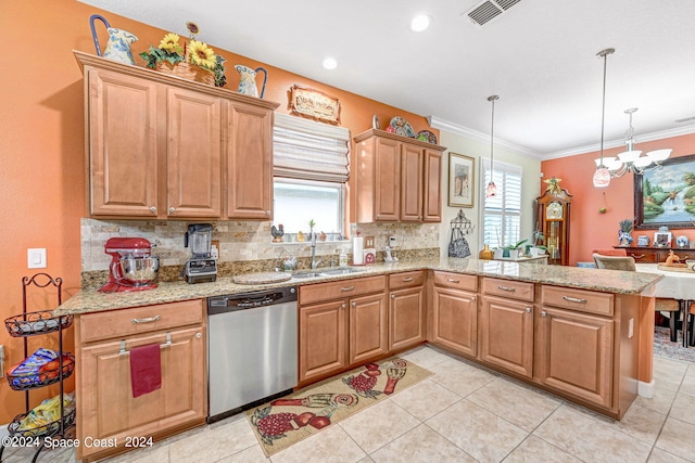 kitchen with a sink, plenty of natural light, a peninsula, and stainless steel dishwasher