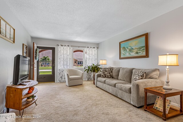 carpeted living room featuring a textured ceiling