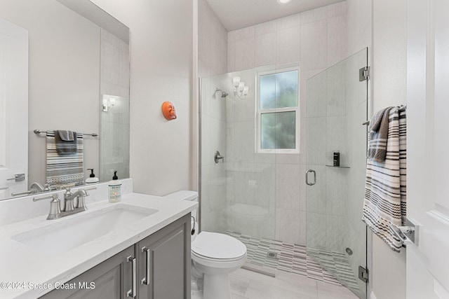 bathroom featuring vanity, toilet, walk in shower, and radiator heating unit