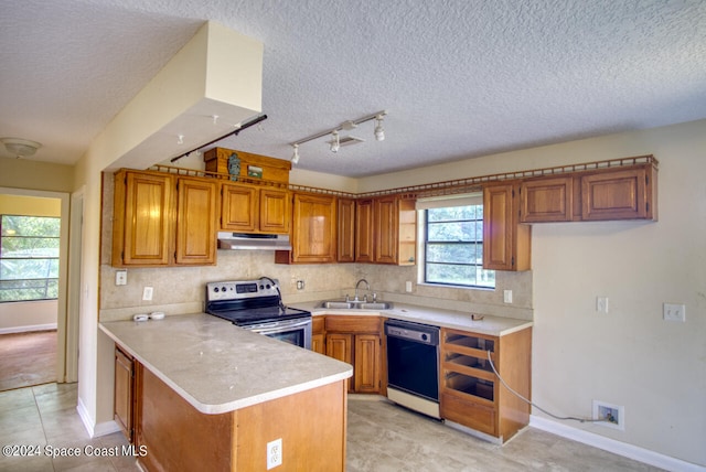 kitchen with black dishwasher, kitchen peninsula, sink, electric range, and a textured ceiling