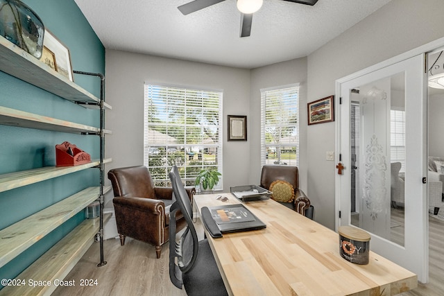 office area featuring ceiling fan, light hardwood / wood-style floors, and a textured ceiling