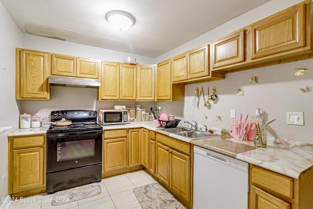 kitchen featuring black / electric stove, dishwasher, sink, and light tile patterned flooring