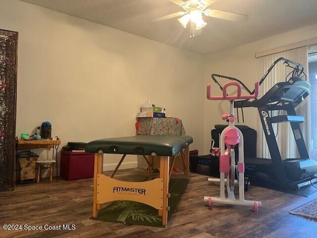 exercise room featuring ceiling fan and dark hardwood / wood-style flooring