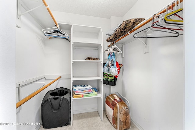 walk in closet featuring light colored carpet