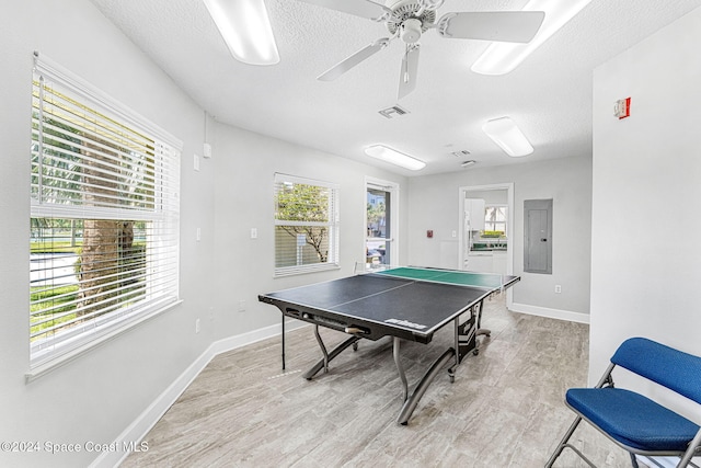 rec room with electric panel, a textured ceiling, light wood-type flooring, and ceiling fan