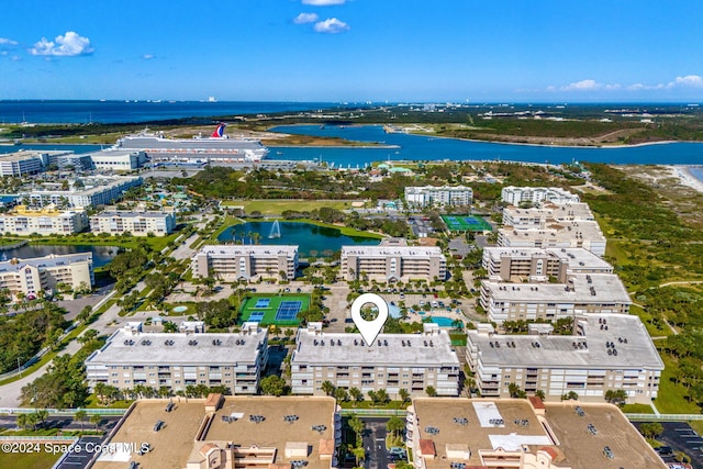 aerial view featuring a water view