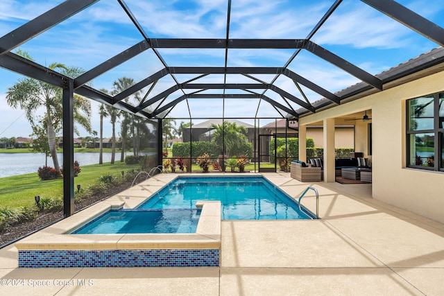 view of swimming pool with an outdoor living space, ceiling fan, a water view, glass enclosure, and a patio