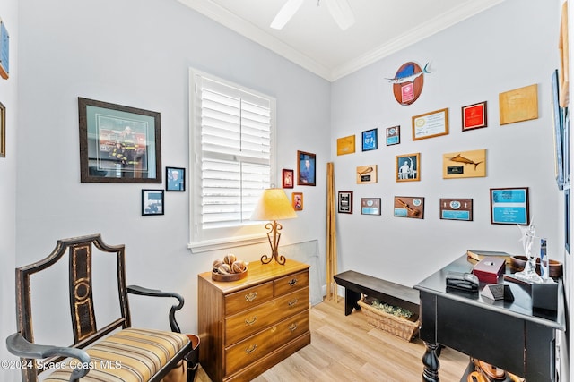 living area featuring ornamental molding, light wood-type flooring, and ceiling fan