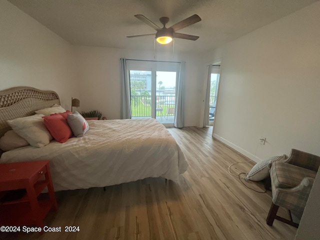 bedroom with access to outside, light wood-type flooring, and ceiling fan