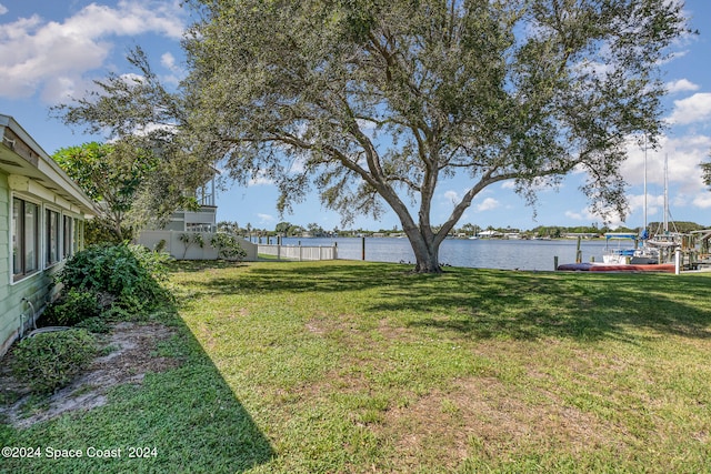 view of yard with a water view and a dock