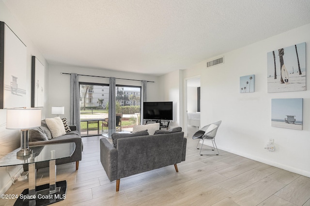 living room with light hardwood / wood-style flooring and a textured ceiling