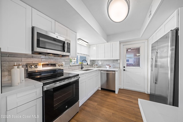 kitchen with dark hardwood / wood-style floors, tasteful backsplash, a raised ceiling, white cabinets, and stainless steel appliances