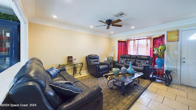 living room featuring crown molding and ceiling fan