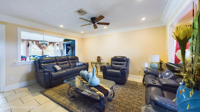 tiled living room featuring ceiling fan and ornamental molding