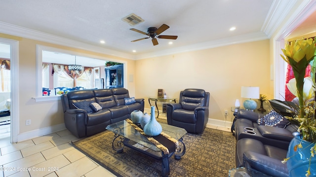 living room with ornamental molding and ceiling fan