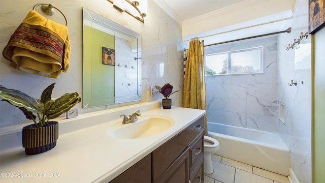 full bathroom featuring vanity, tile patterned flooring, ornamental molding, shower / tub combo, and toilet