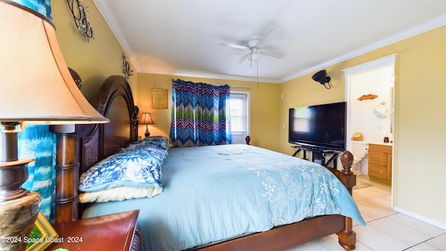 bedroom featuring ornamental molding, ensuite bathroom, ceiling fan, and light tile patterned floors