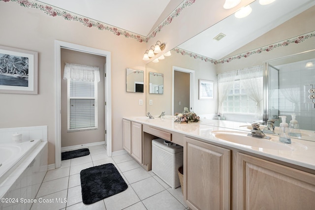 4889 Worthington Cir, Rockledge, FL 32955 - bathroom featuring lofted ceiling, visible vents, a sink, a shower stall, and double vanity