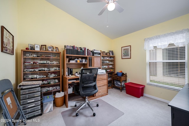4889 Worthington Cir, Rockledge, FL 32955 - home office featuring vaulted ceiling, light carpet, baseboards, and a ceiling fan