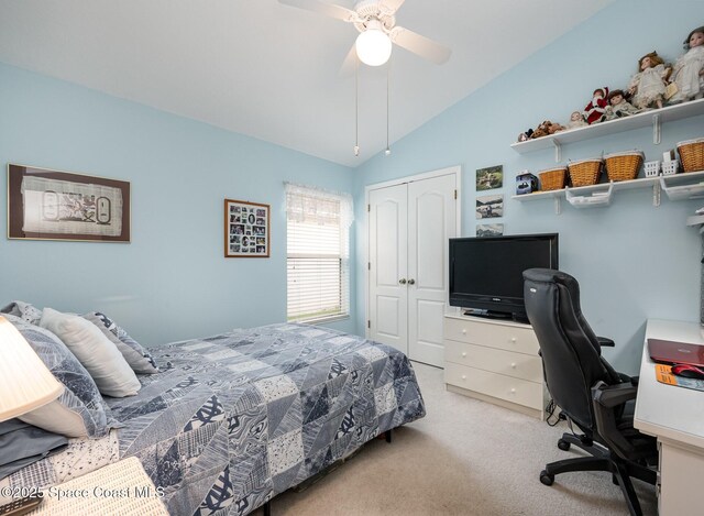 4889 Worthington Cir, Rockledge, FL 32955 - bedroom with lofted ceiling, light carpet, a closet, and ceiling fan