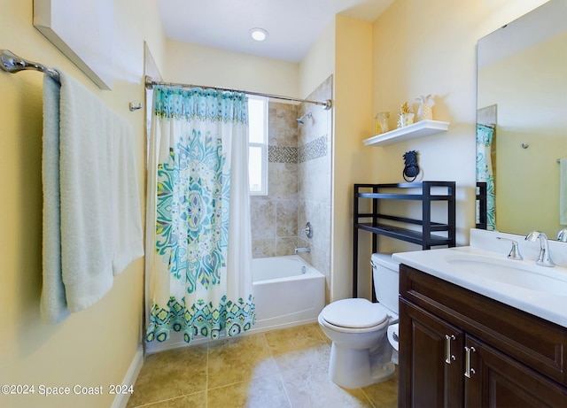 full bathroom with shower / tub combo with curtain, tile patterned flooring, vanity, and toilet