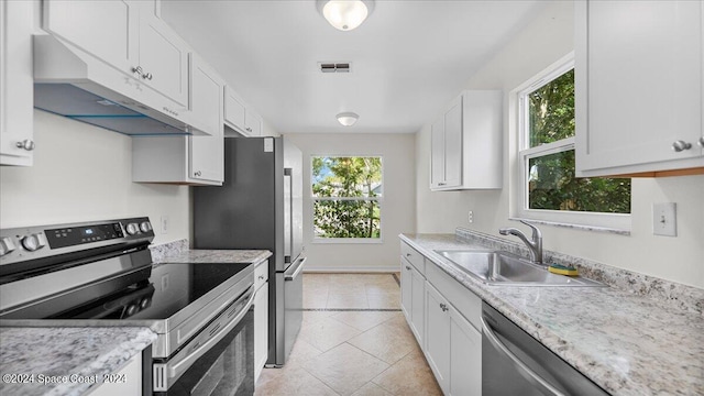 kitchen featuring stainless steel appliances, sink, a wealth of natural light, and white cabinetry