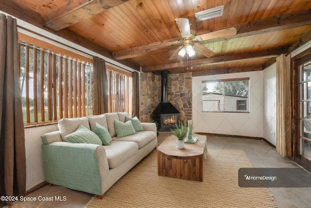 living room with wooden ceiling, beamed ceiling, a wood stove, and ceiling fan