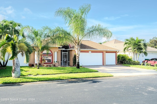 single story home with an attached garage, concrete driveway, stucco siding, and a front lawn