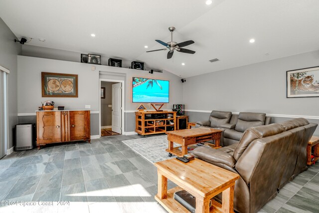 living room featuring a ceiling fan, visible vents, baseboards, lofted ceiling, and recessed lighting