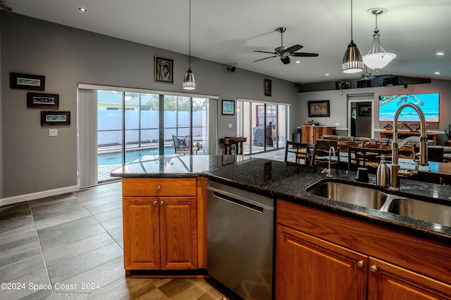 kitchen with a ceiling fan, a healthy amount of sunlight, a sink, and dishwasher