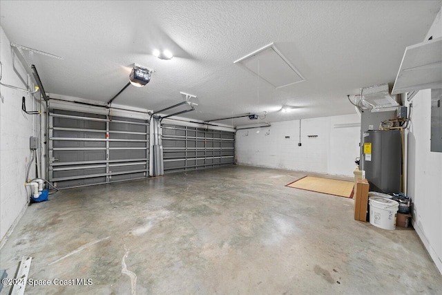 garage with a garage door opener and electric water heater