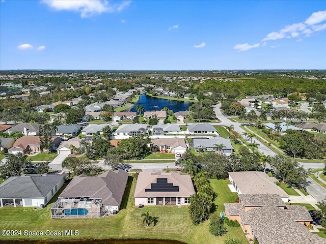 drone / aerial view featuring a water view