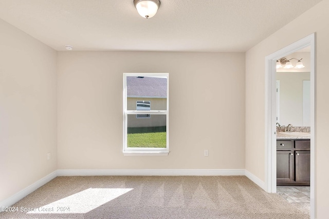 carpeted empty room with sink and a textured ceiling