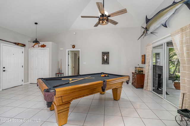 recreation room with lofted ceiling, billiards, light tile patterned floors, and ceiling fan