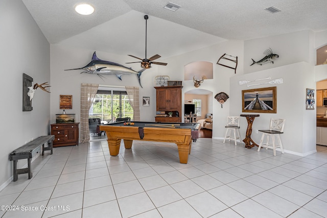 playroom with ceiling fan, high vaulted ceiling, billiards, and light tile patterned floors