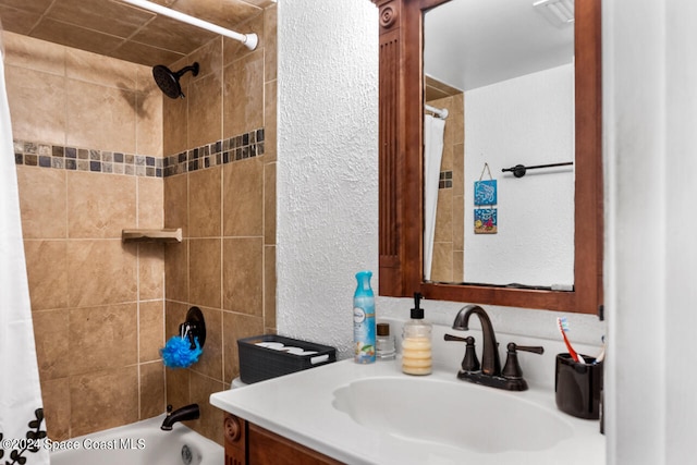 bathroom featuring vanity and shower / tub combo with curtain