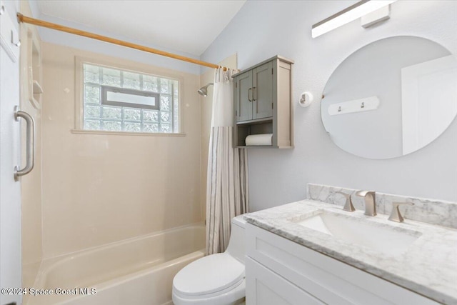 full bathroom with vanity, lofted ceiling, toilet, and shower / bathtub combination with curtain