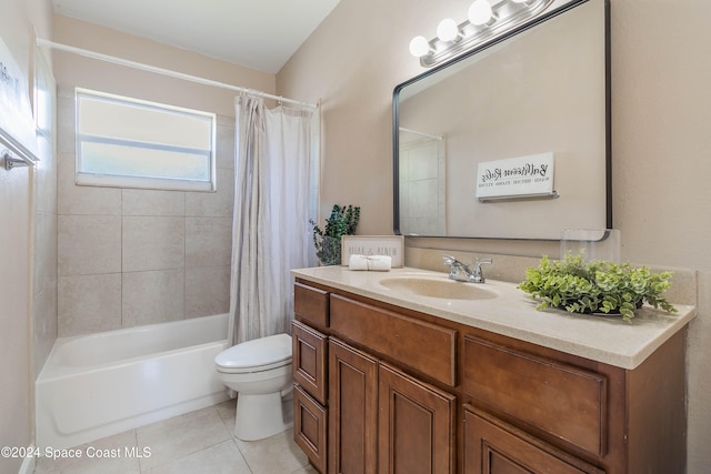 full bathroom with vanity, shower / tub combo, toilet, and tile patterned floors