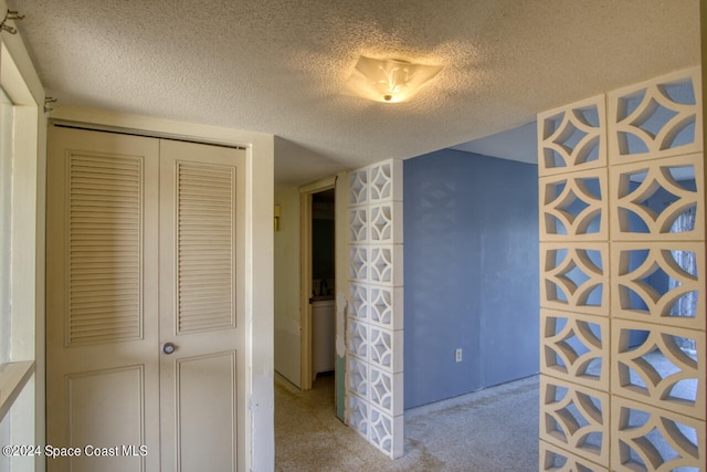 interior space featuring a textured ceiling and carpet floors