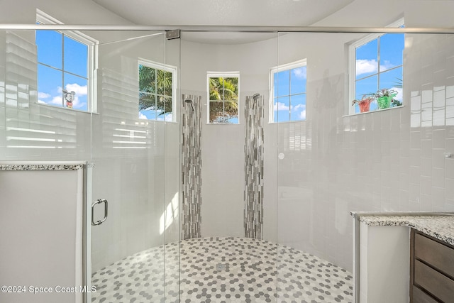 bathroom featuring vanity and an enclosed shower