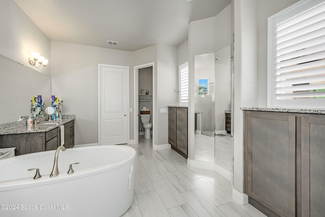 full bathroom featuring vanity, toilet, and independent shower and bath