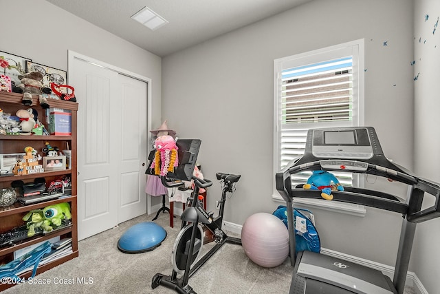 workout area featuring carpet