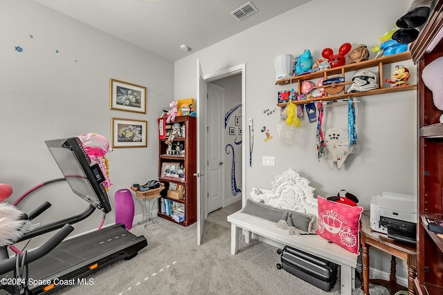 workout area featuring a textured ceiling and light carpet