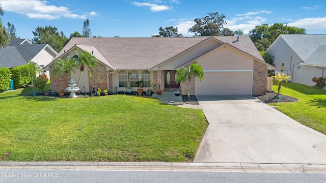 single story home featuring a front lawn and a garage