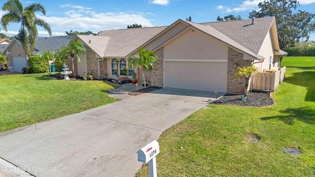 ranch-style home featuring a front yard and a garage